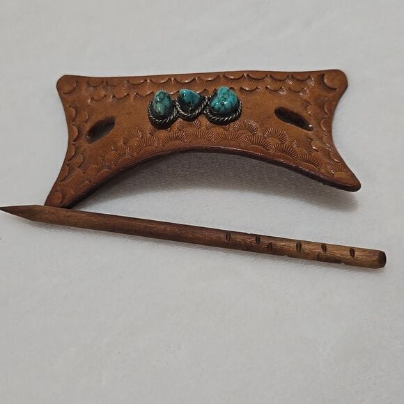 Leather Hair Barrette with Turquoise Stones main image 4